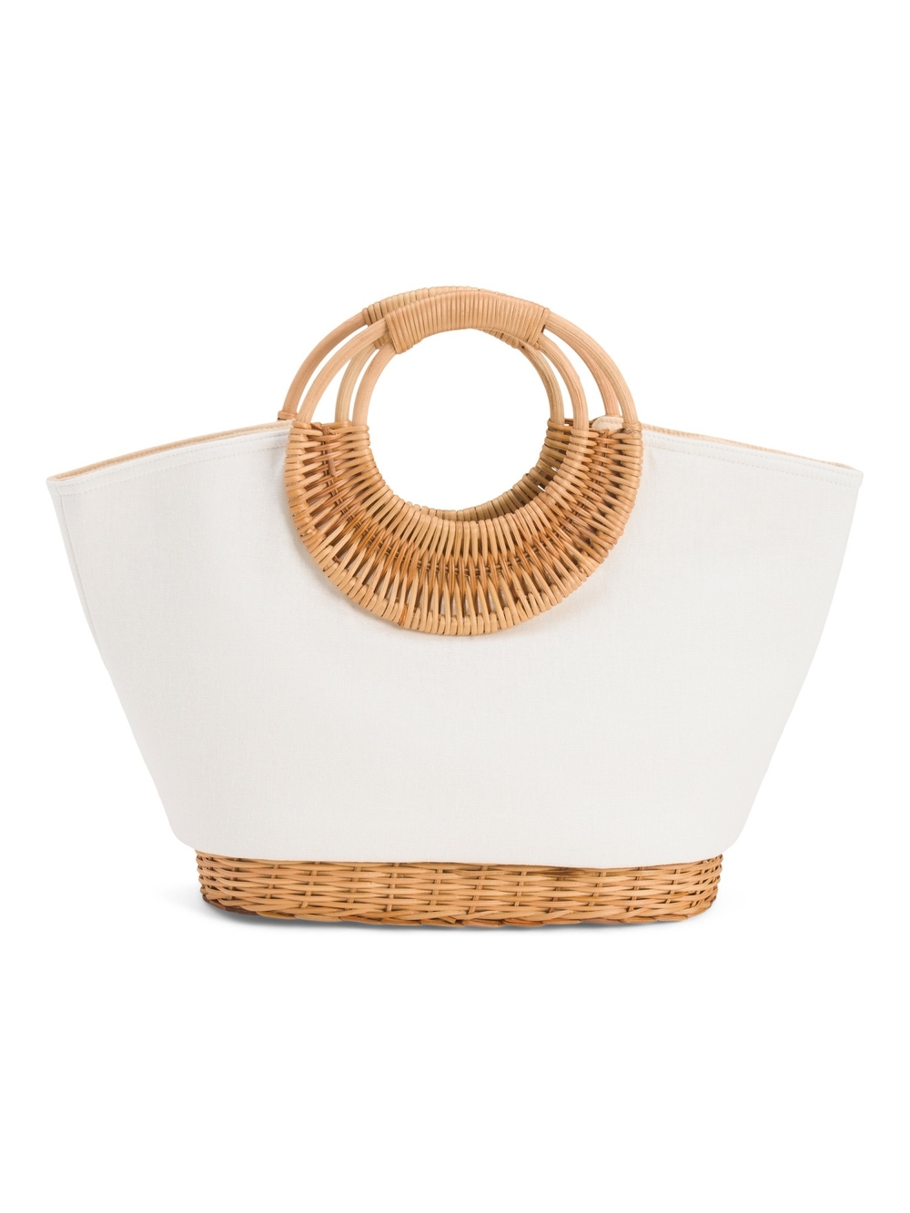 Straw Studios White Canvas Tote with Wicker Round Handles